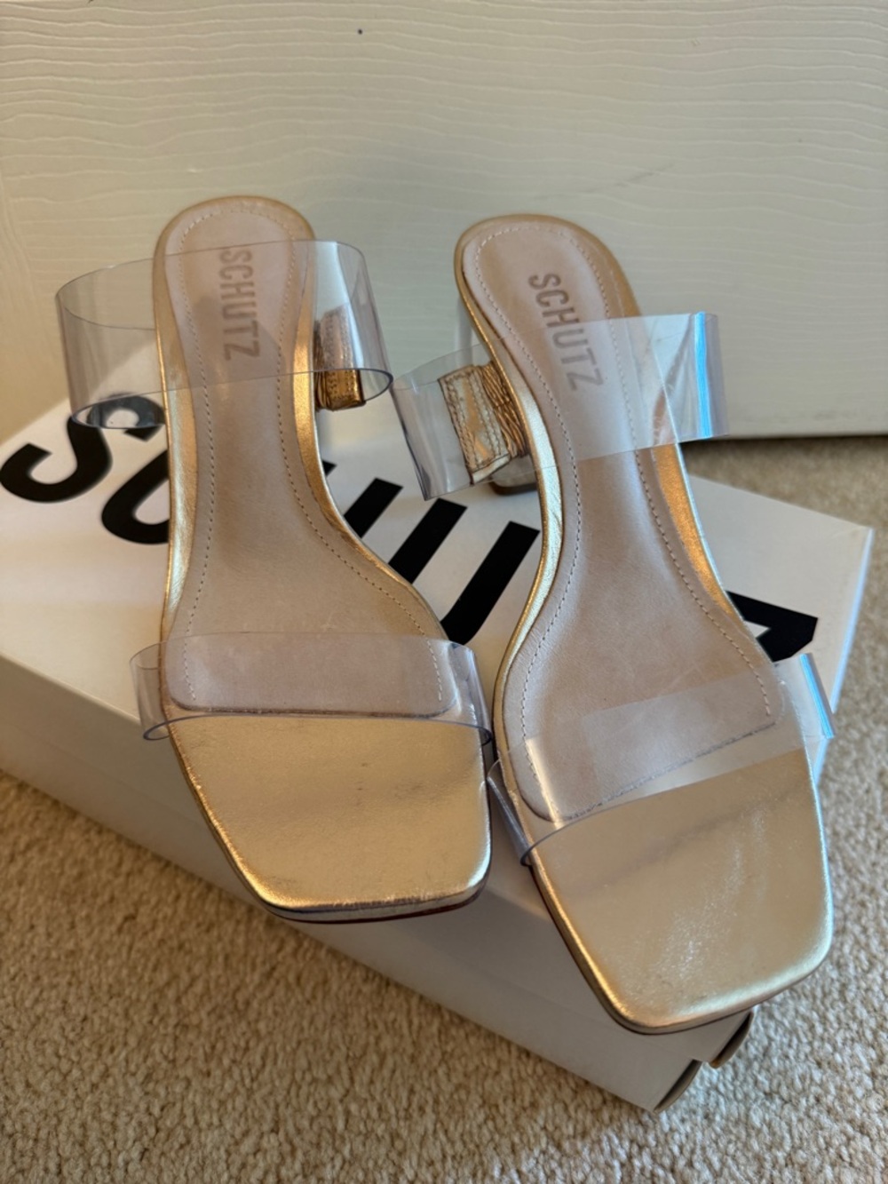 SCHUTZ Gold Metallic Clear Strap Slide Sandals